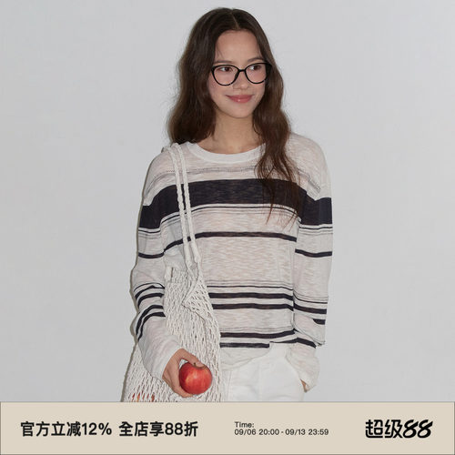 复古条纹圆领宽松慵懒感针织上衣