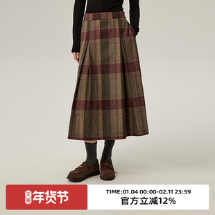 omont蛋挞家50%羊毛格纹毛呢半身裙冬季复古高腰显瘦中长裙子