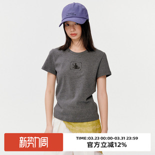 圆领正肩显瘦上衣 T恤女2026春季 omont蛋挞家复古小猫印花修身 短袖