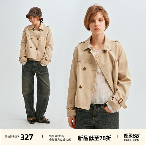 翻领双排扣娃娃领短款秋风衣外套