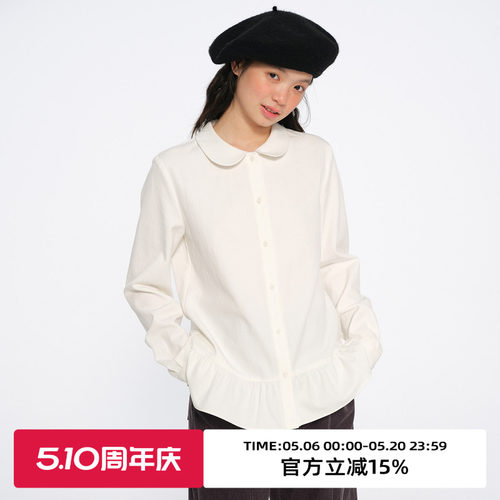 复古娃娃领碎褶长袖衬衫
