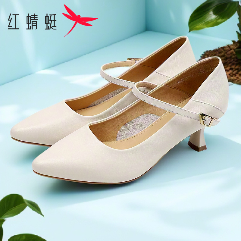 红蜻蜓夏季真皮浅口细跟高跟鞋