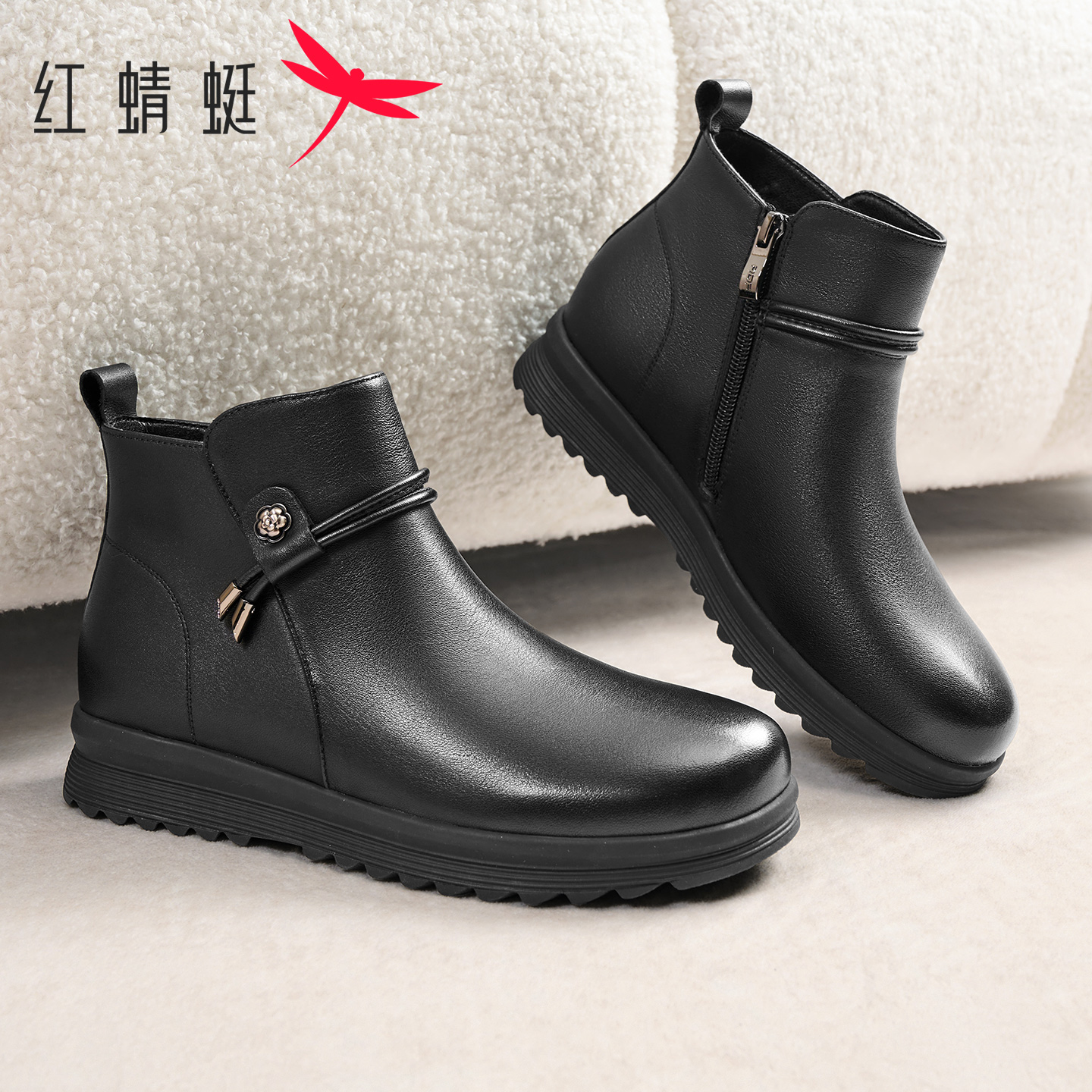 红蜻蜓真皮短靴加绒加厚妈妈棉鞋