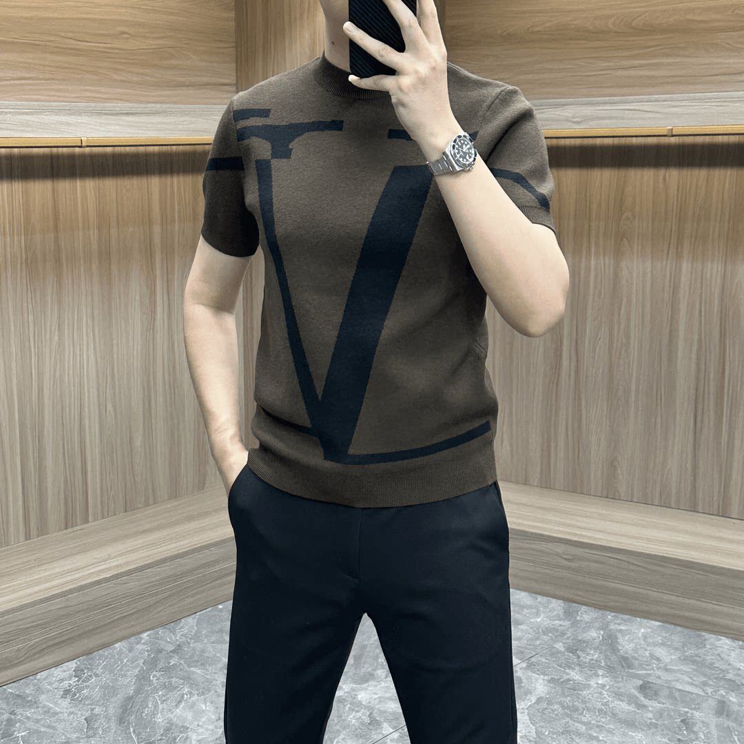 男士高品质2026春夏新款商务潮流针织半高领提花短袖T恤修身上衣