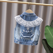 女童牛仔马甲春秋2025新款 宝宝马夹蕾丝领女孩背心外穿百搭坎肩潮