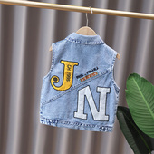 男童牛仔马甲春装 男孩坎肩儿童背心外穿中大童马夹JN刺绣 2026新款