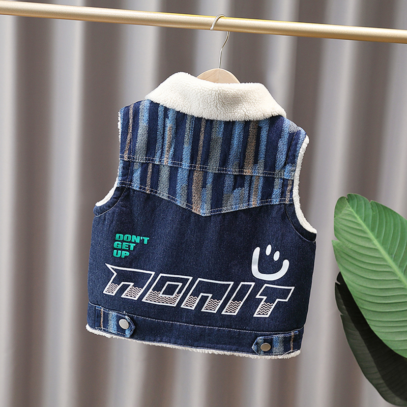 男童加绒牛仔马甲秋冬新款条纹坎肩宝宝保暖背心外穿中大童马夹潮