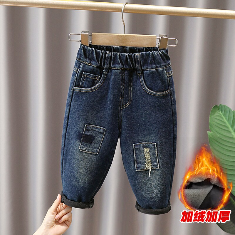 男童一体绒牛仔裤秋冬装2025新款儿童加绒休闲裤韩版宝宝裤子贴布