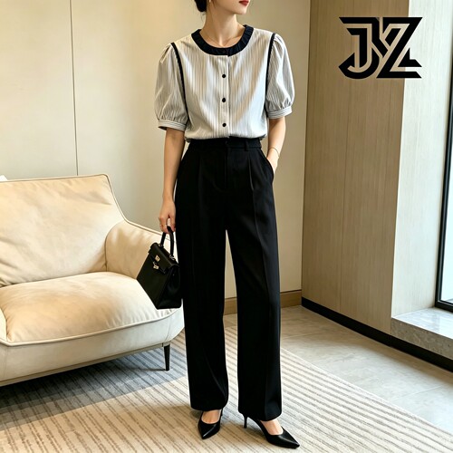 轻熟优雅风条纹衬衫女短袖职业一粒扣显瘦通勤上衣极简宽松泡泡袖
