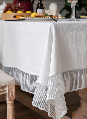 纯棉桌布轻奢高级感蕾丝餐桌布纯色简约现代花边款绿色黄色圆桌