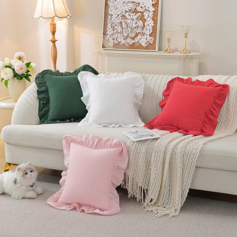 全棉水洗棉单层荷叶边方形抱枕套客厅靠垫套沙发靠枕套纯棉简约风