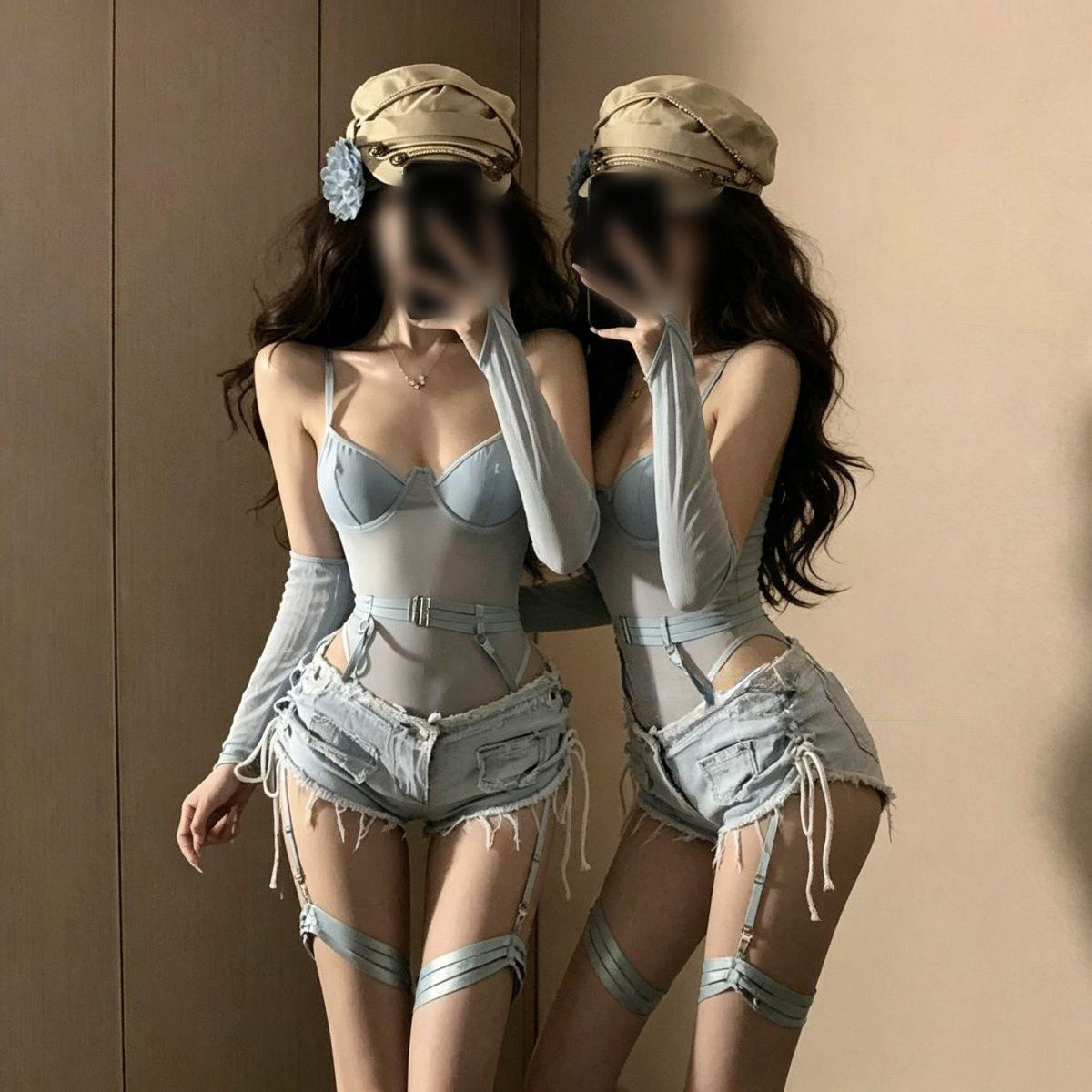 DS酒吧gogo服装性感女团舞蹈演出服DJ领舞台蓝色牛仔短裤