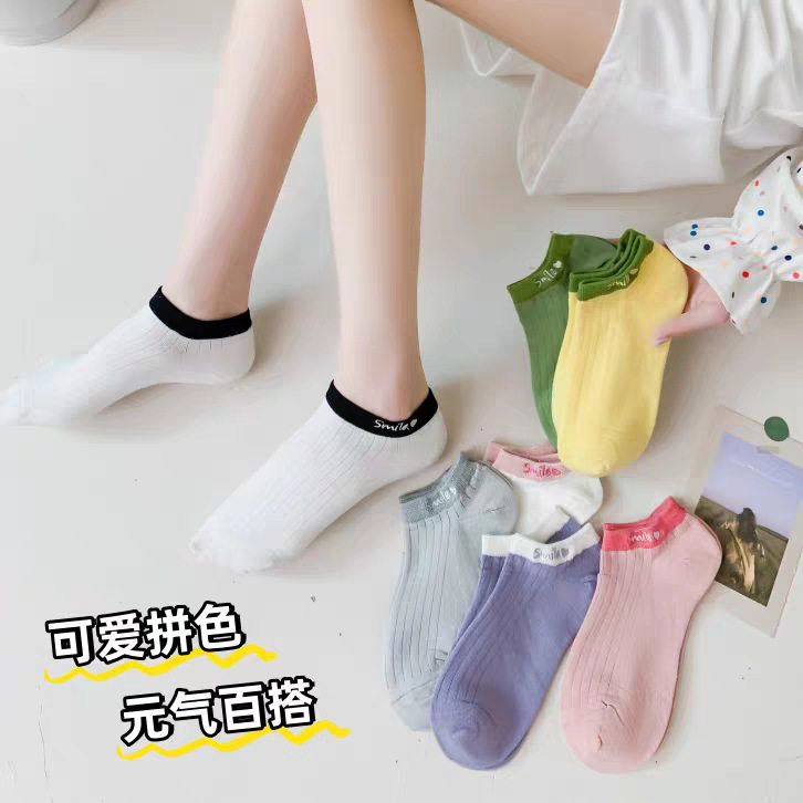 袜子女春夏竖条刺绣女袜日系简约糖色可爱船袜吸汗透气薄款学生袜