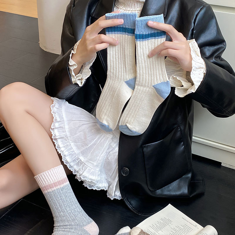秋冬袜子女撞色粗线潮袜搭配德训鞋休闲袜子学院风双针中筒堆堆袜