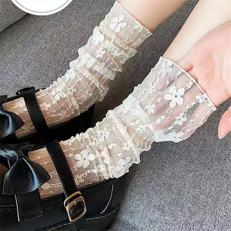 蕾丝花朵网纱袜子女夏薄款透气日系jk女袜子ins堆堆袜黑白中筒袜