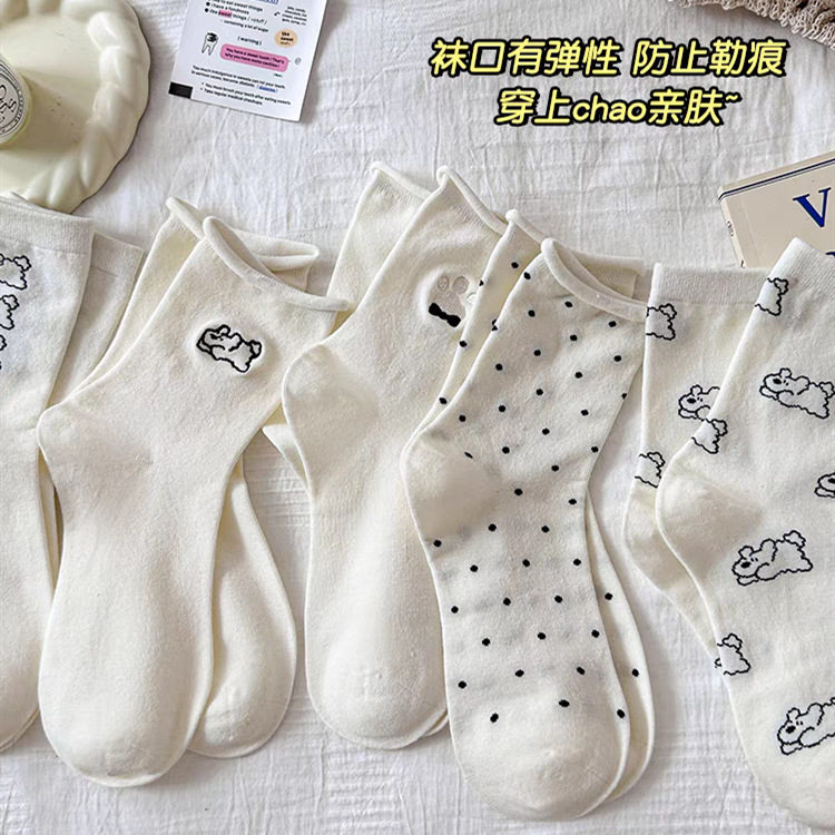 刺绣小狗袜子女ins潮中筒袜纯棉堆堆卷边透气吸汗防臭ins风百搭
