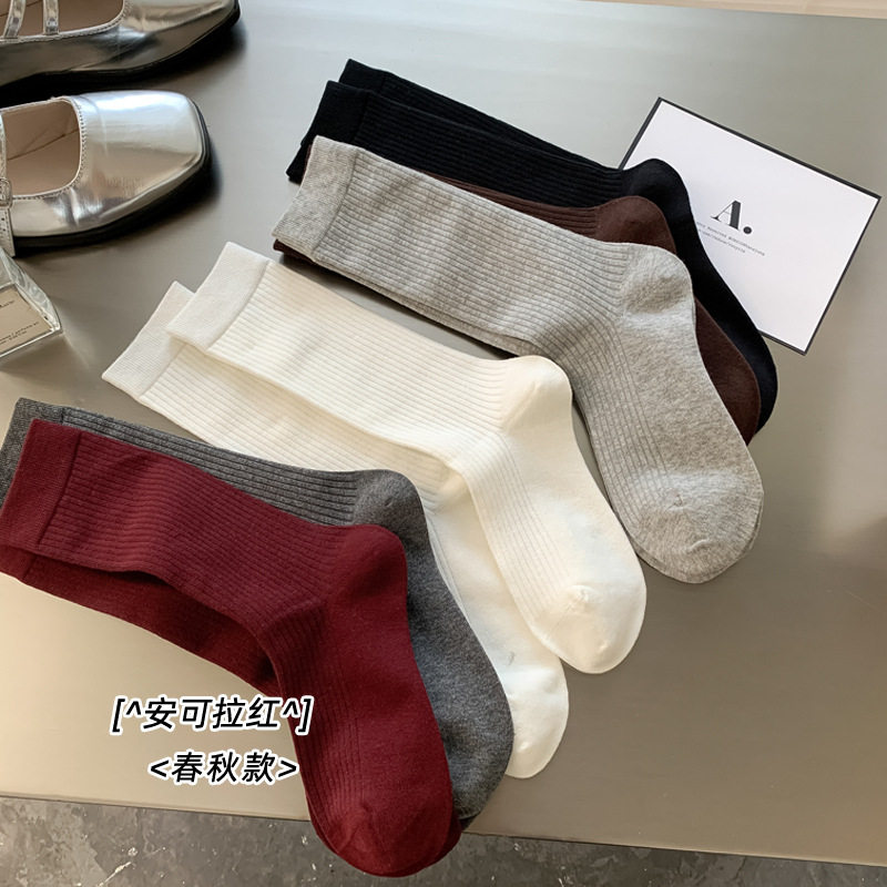 袜子女款春秋堆堆袜新款无骨袜竖条韩国东大门中筒女袜ins纯棉袜