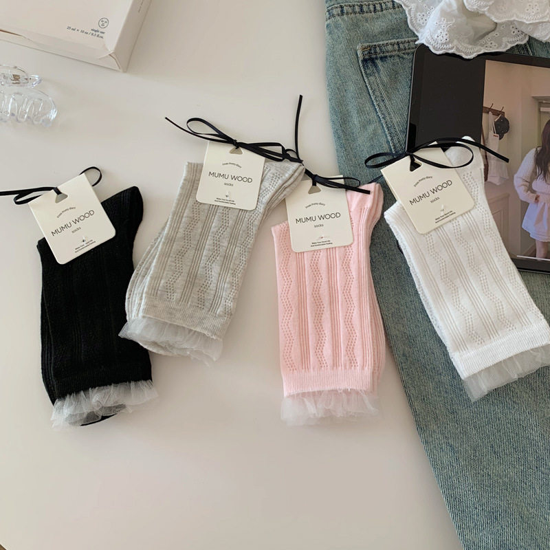 春夏袜子薄款女蕾丝菱形格日系jk中筒堆堆袜ins潮袜透气花边袜子