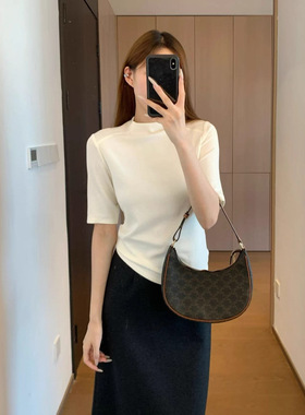 篙阶时髦 绵羊毛混纺软柔润修身版半高领马鞍肩中袖针织衫G100212