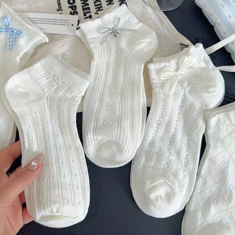 早春新款蝴蝶结白色袜子女卷边jk袜子夏季超薄透气棉袜日系船袜