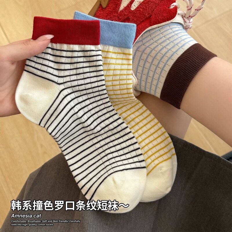 可爱条纹袜子女纯棉中筒袜夏季薄日系多巴胺短袜学院风棉袜夏天