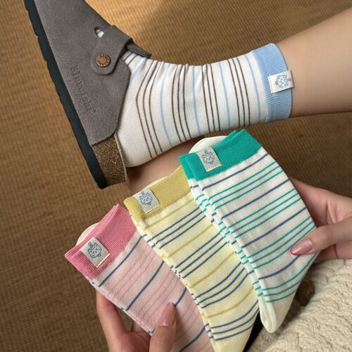 拼色条纹袜子夏薄款女条纹透气可爱小猫布标中筒袜ins韩系堆堆袜
