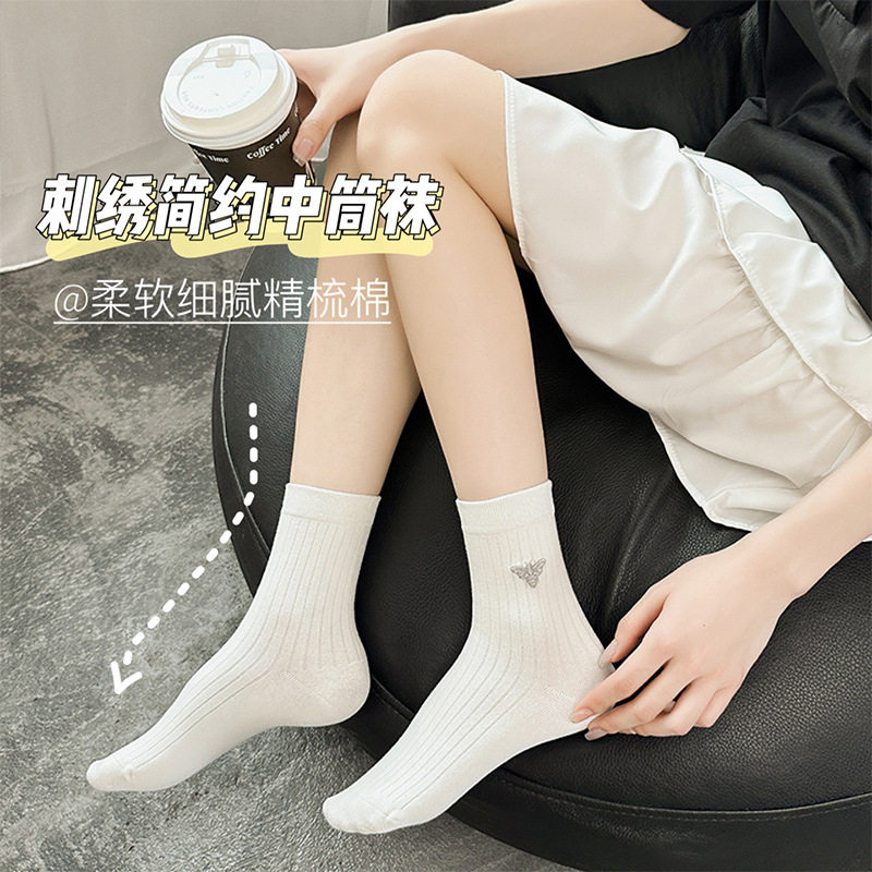 白色袜子女刺绣小花蜜蜂中筒袜休闲百搭潮流诸暨袜子日系春夏女袜