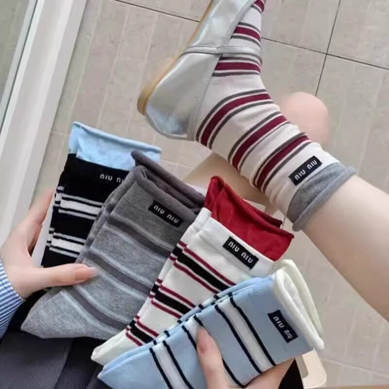 春夏韩系ins袜子女百搭布贴撞色拼接中筒堆堆袜复古学院风条纹袜