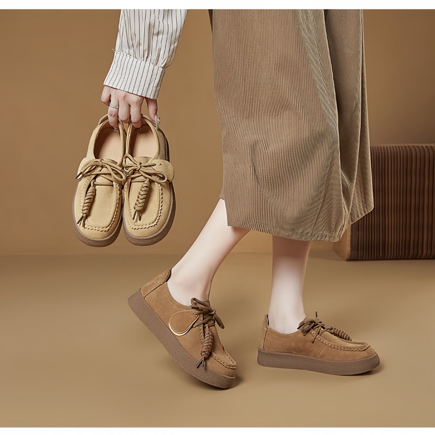 2025秋冬新款袋鼠鞋真皮软面松糕鞋厚底复古穆勒英伦风勃肯乐福鞋