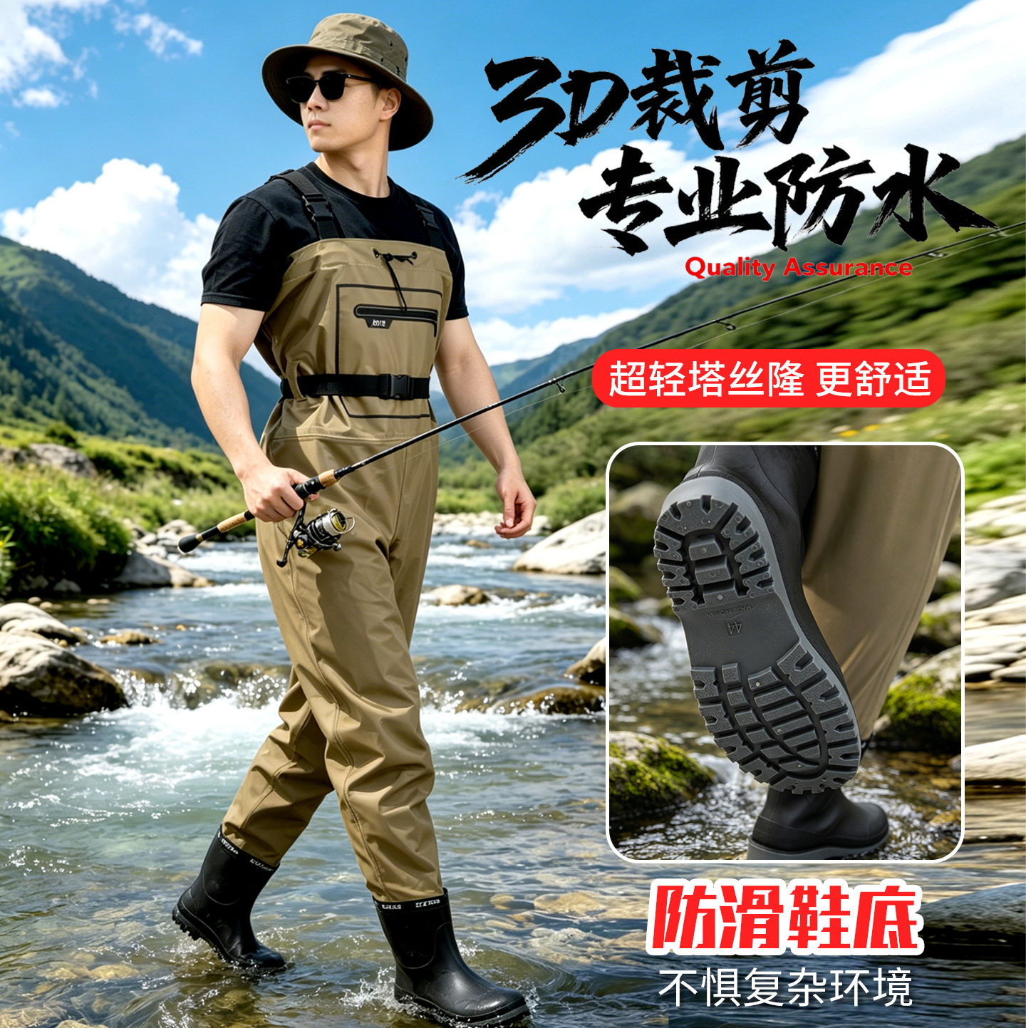 下水裤男雨裤带雨鞋连体防水赶海装备成人皮叉半身抓鱼服透气轻便