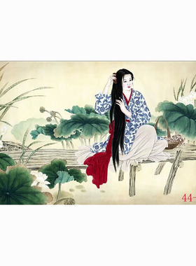 新中式国画人物画字画客厅餐厅沙发背景墙墙面贴画挂画荷塘梳头发