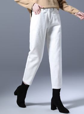 清仓白色灯芯绒女裤加绒加厚裤子女新款秋冬九分萝卜裤哈伦条绒裤