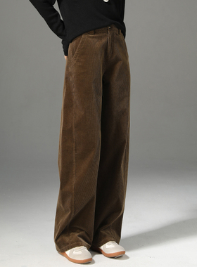 咖色条绒阔腿裤女秋冬新款高腰显瘦灯芯绒裤子宽松拖地直筒休闲裤