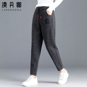 小个子毛呢裤女秋冬加绒加厚针织萝卜裤子休闲冬季女裤运动哈伦裤