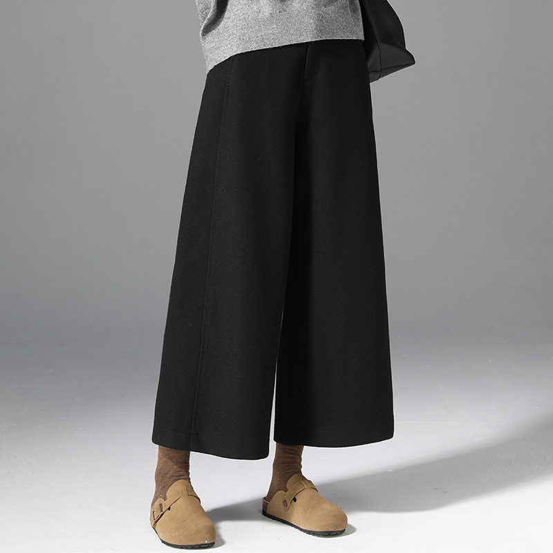 高腰毛呢阔腿裤女秋冬新款显瘦宽松裤子休闲八分九分小个子直筒裤
