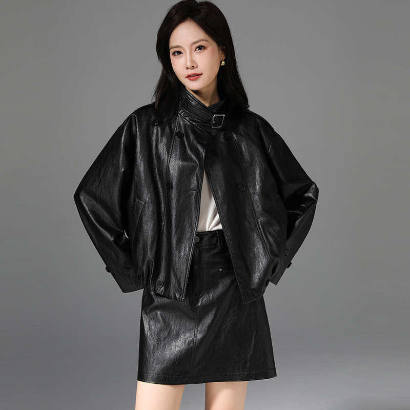 黑色PU皮衣短款外套女秋冬新款翻领夹克长袖上衣小个子短裙女套装