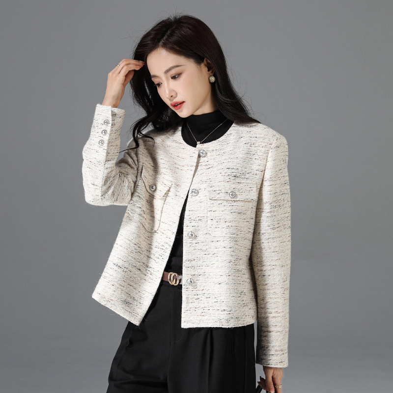 2025秋冬款小香风粗花呢外套女复古气质上衣圆领短款开衫正肩长袖