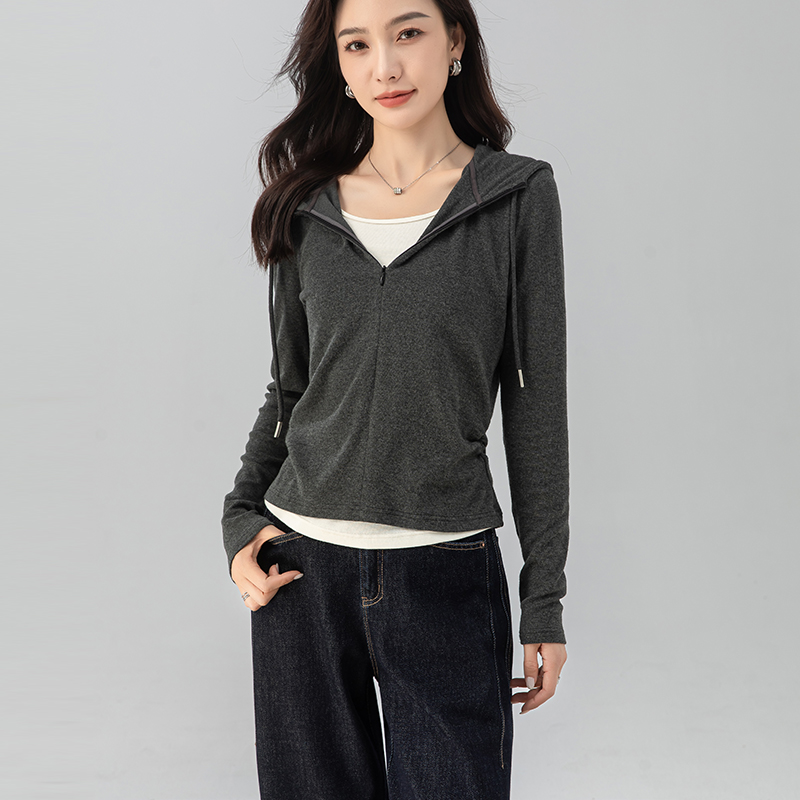 假两件连帽长袖卫衣女打底衫