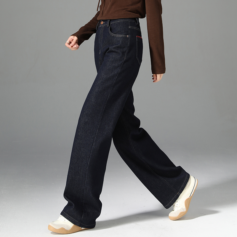 加绒窄版高腰阔腿牛仔裤女秋冬