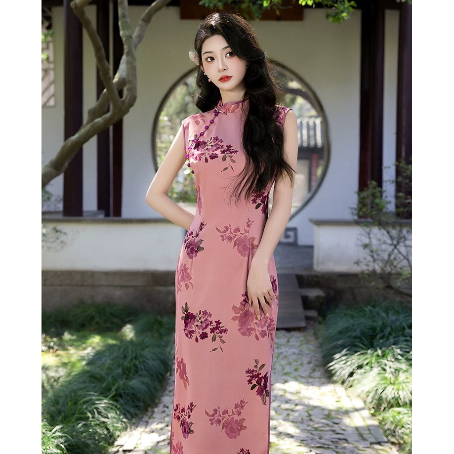 《楚楚》无袖粉色旗袍2025新中式女高级感小众温婉气质连衣裙6173