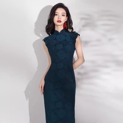 蓝色国风旗袍女2025年春夏季新款新中式改良气质连衣裙日常小个子