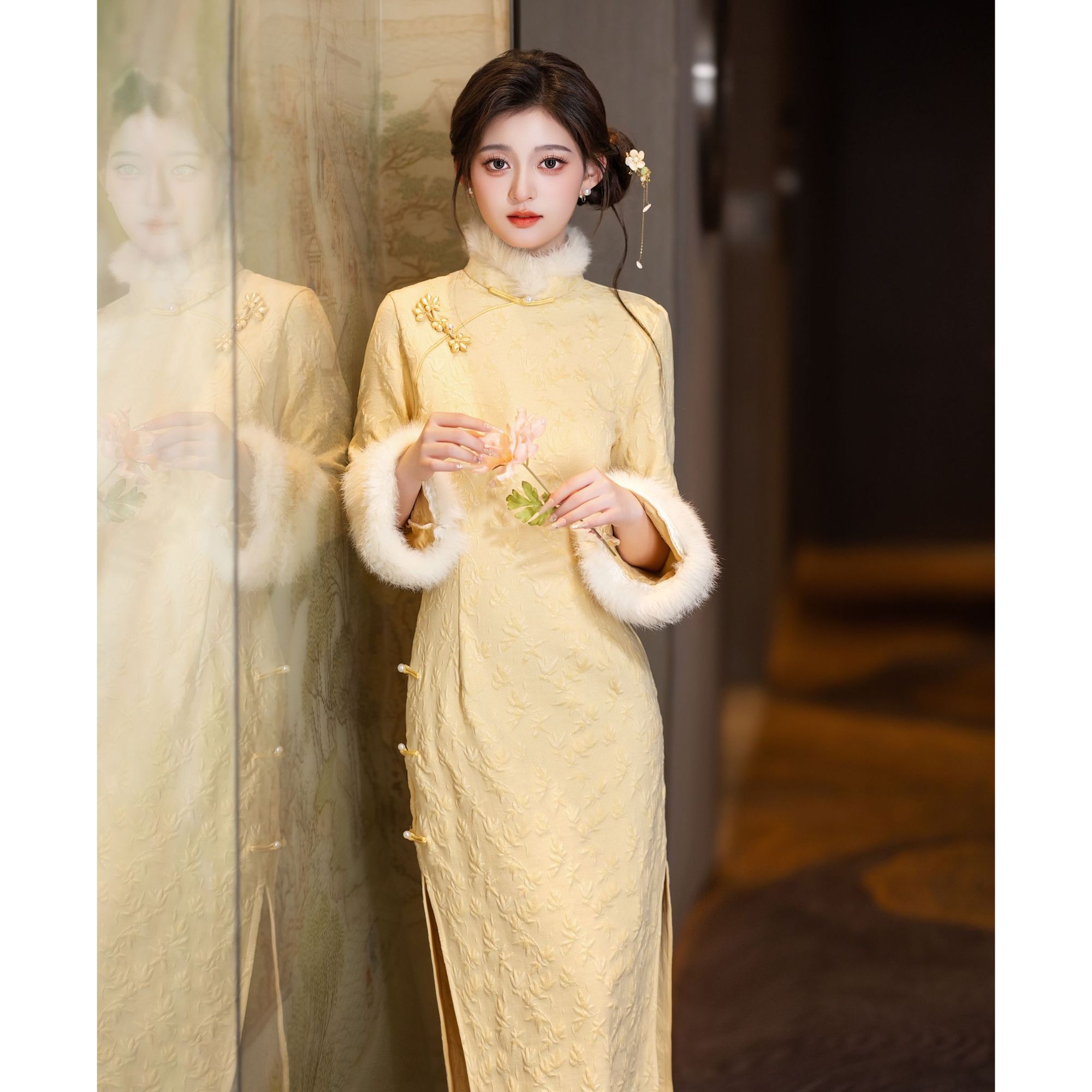 【鹅黄色】新中式改良旗袍2024新款年轻冬季加厚少女秋冬气质3726