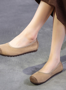 真皮牛巴皮浅口单鞋女平底软底复古轻便防滑玛丽珍鞋磨砂简洁女鞋