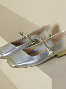 时尚方头拼色单鞋女2026四季款一字带魔术贴玛丽珍女鞋亮面低跟鞋