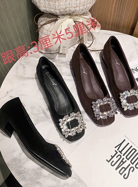 新款春秋方头低跟单鞋女通勤女鞋浅口水钻方扣不累脚粗跟鞋