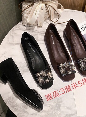 新款春秋方头低跟单鞋女通勤女鞋浅口水钻方扣不累脚粗跟鞋