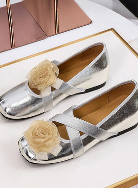 836-10山茶花朵复古圆头玛丽珍女鞋平底交叉弹力带软底内单鞋