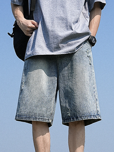 复古破洞水洗牛仔短裤男士夏季薄款炸街痞帅冰丝男生五分休闲裤子