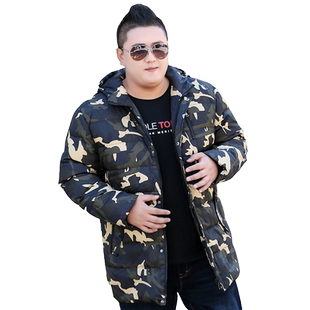 胖无忧加肥加大码青年男士胖子胖人中长款连帽羽绒服迷彩服外套潮