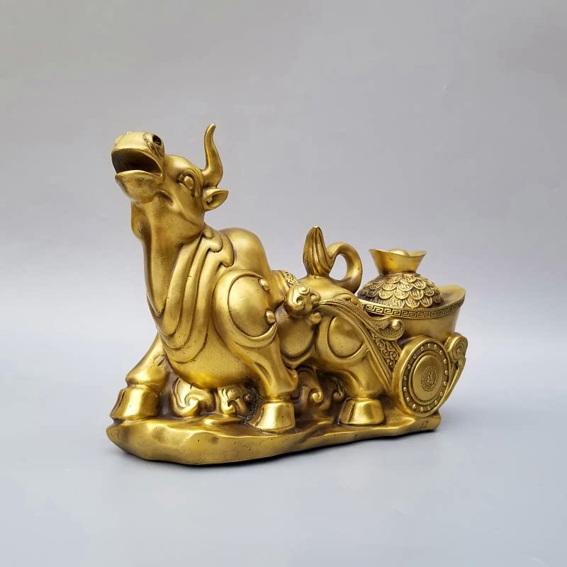 铜牛拉聚宝盆元宝铜生肖牛办公室家居工艺摆件铜牛钱袋牛金牛送宝